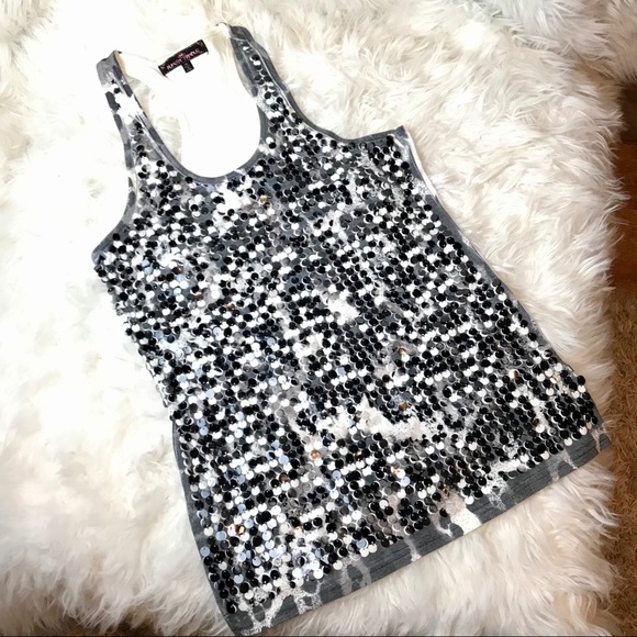 Black and white Sequin ALMOST FAMOUS tank top muscle tee sequin - Picture 3 of 7